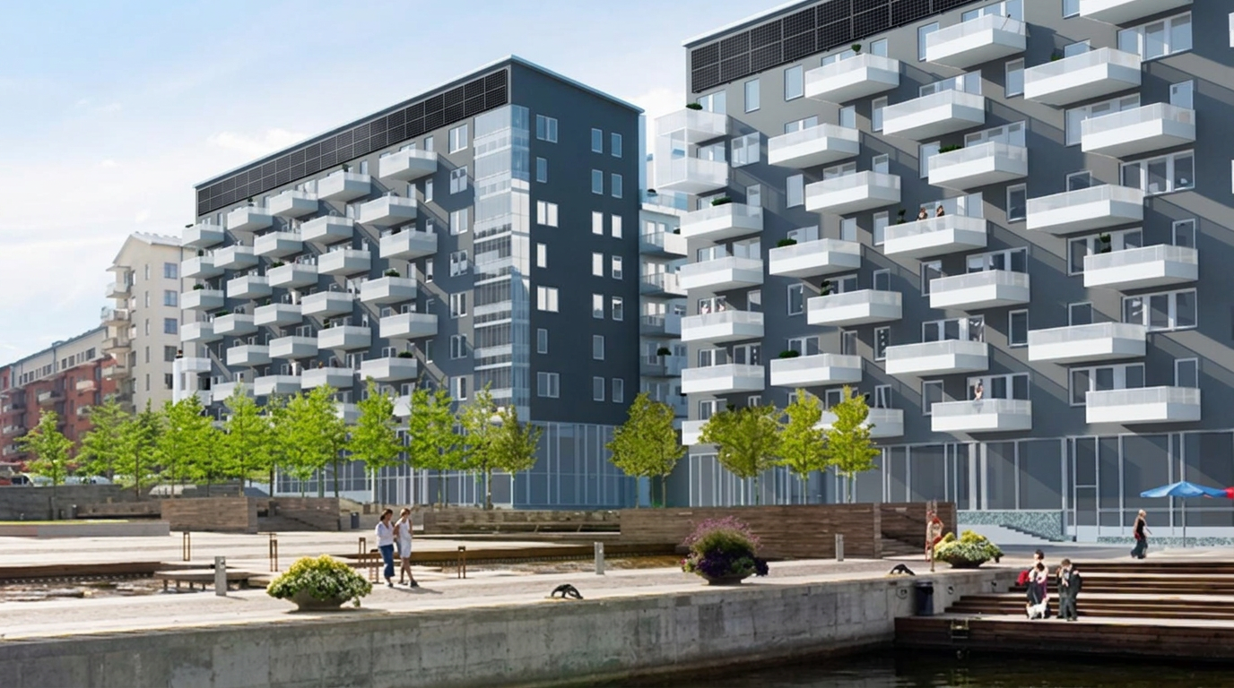Solcellsanläggning på flerbostadshus med falsat plåttak